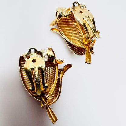 Back view signed Kramer clip on leaf earrings from the 1950s