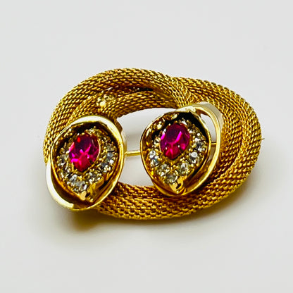 1950s Kramer brooch with gold mesh and pink marquise crystals