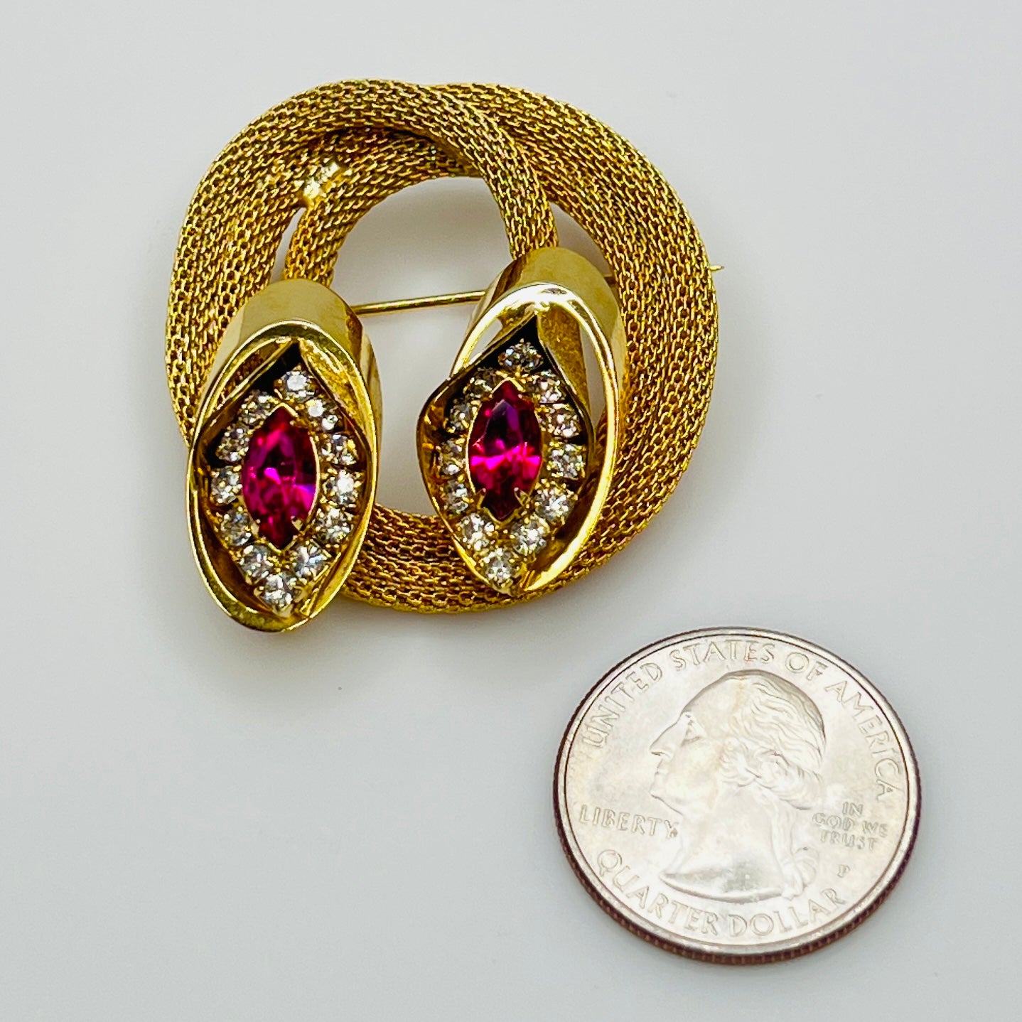 1950s Kramer brooch with gold mesh and pink marquise crystals