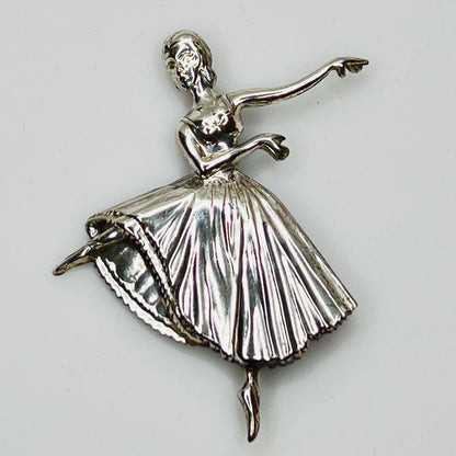 Sterling silver ballerina brooch with pleated skirt and outstretched arms