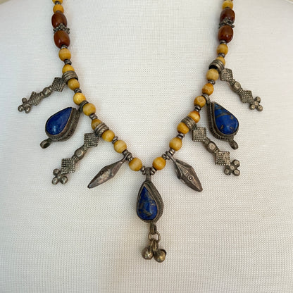 Vintage tribal necklace with lapis lazuli teardrop charms and yellow beads