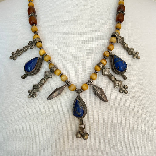 Vintage tribal necklace with lapis lazuli teardrop charms and yellow beads