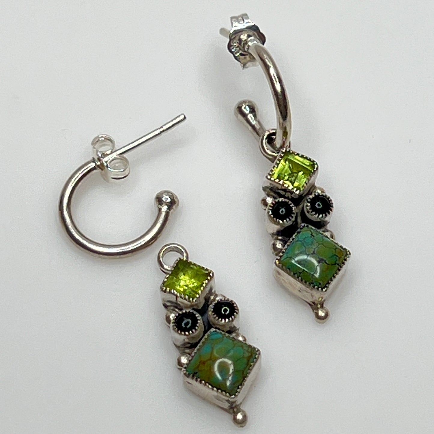 Sterling silver Leo Feeney earrings with peridot, turquoise, and black onyx dangle
