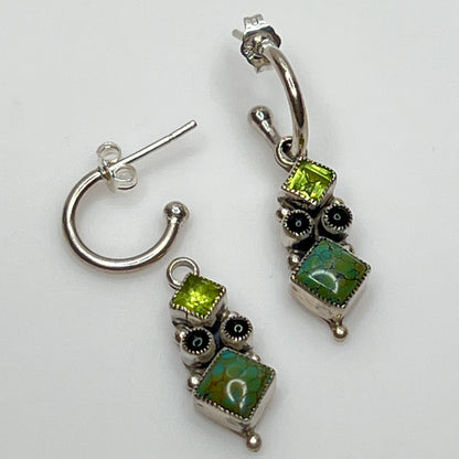 Sterling silver Leo Feeney earrings with peridot, turquoise, and black onyx dangle