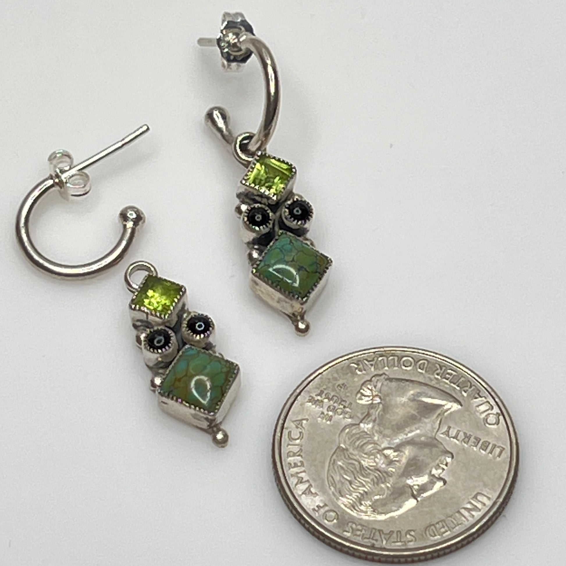 Sterling silver Leo Feeney earrings with peridot, turquoise, and black onyx dangle