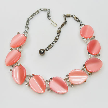 Vintage Lisner pink thermoset lucite leaf choker necklace 1950s