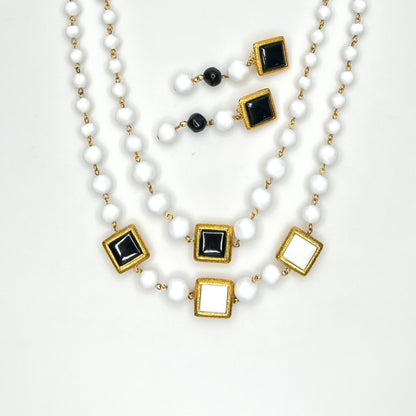 Vintage Liz Claiborne black white beaded necklace and clip earring set