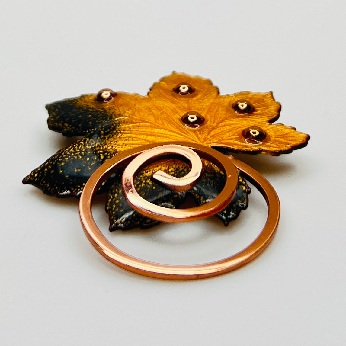 Matisse copper enamel maple leaf brooch and clip-on earring set in gold and black, signed mid-century vintage