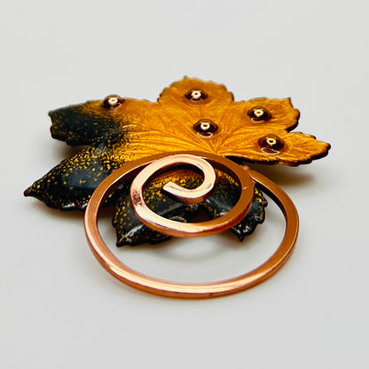 Matisse copper enamel maple leaf brooch and clip-on earring set in gold and black, signed mid-century vintage