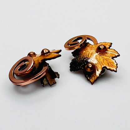 Matisse copper enamel maple leaf brooch and clip-on earring set in gold and black, signed mid-century vintage
