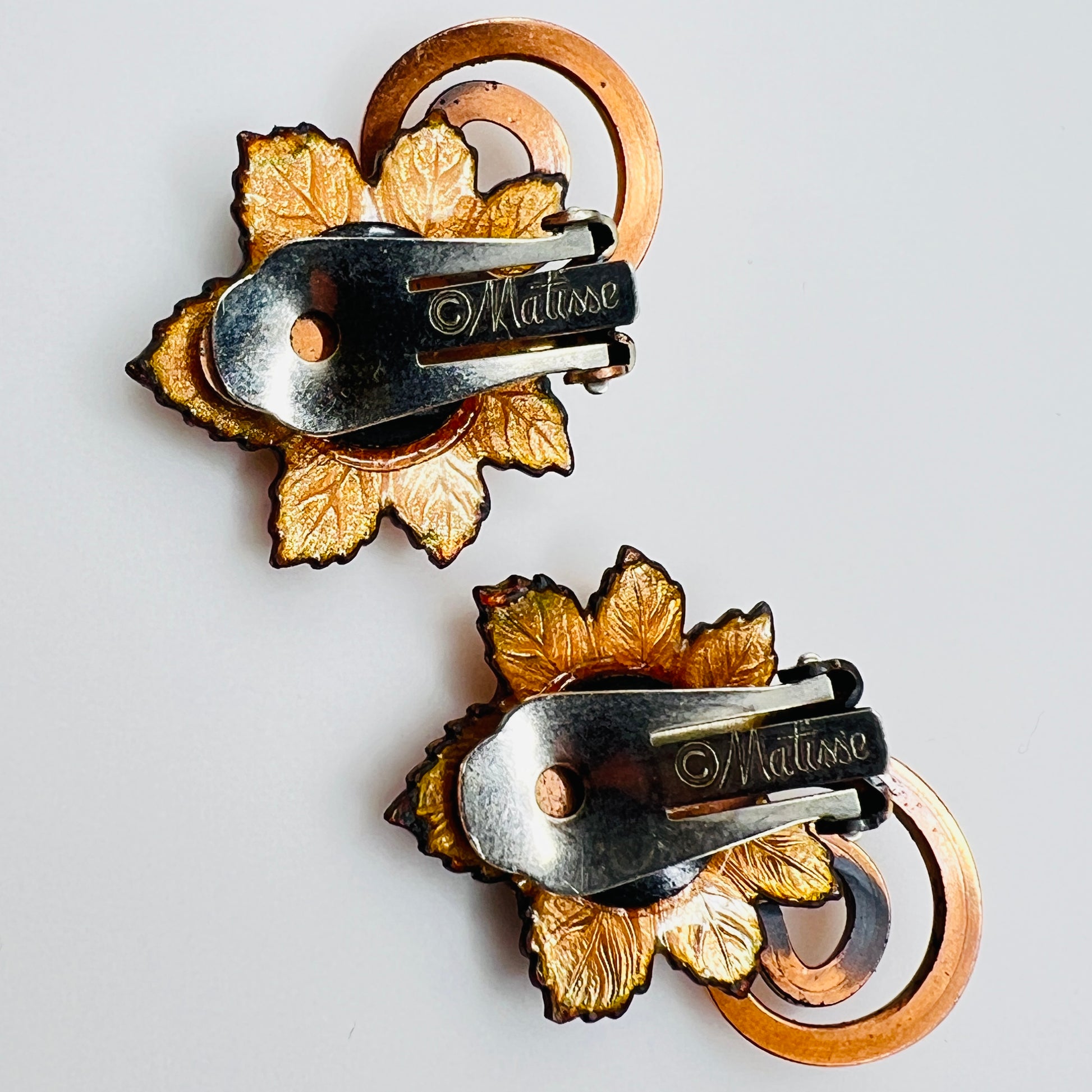Matisse copper enamel maple leaf brooch and clip-on earring set in gold and black, signed mid-century vintage