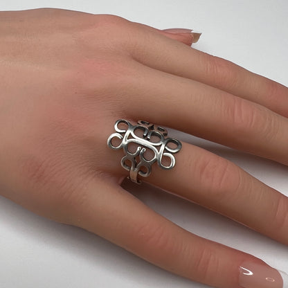 Vintage sterling silver Mexican swirl ring with openwork Aztec design