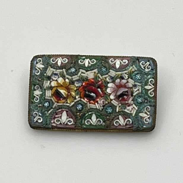 Italian micro mosaic brooch with floral rose design and colorful glass tile work