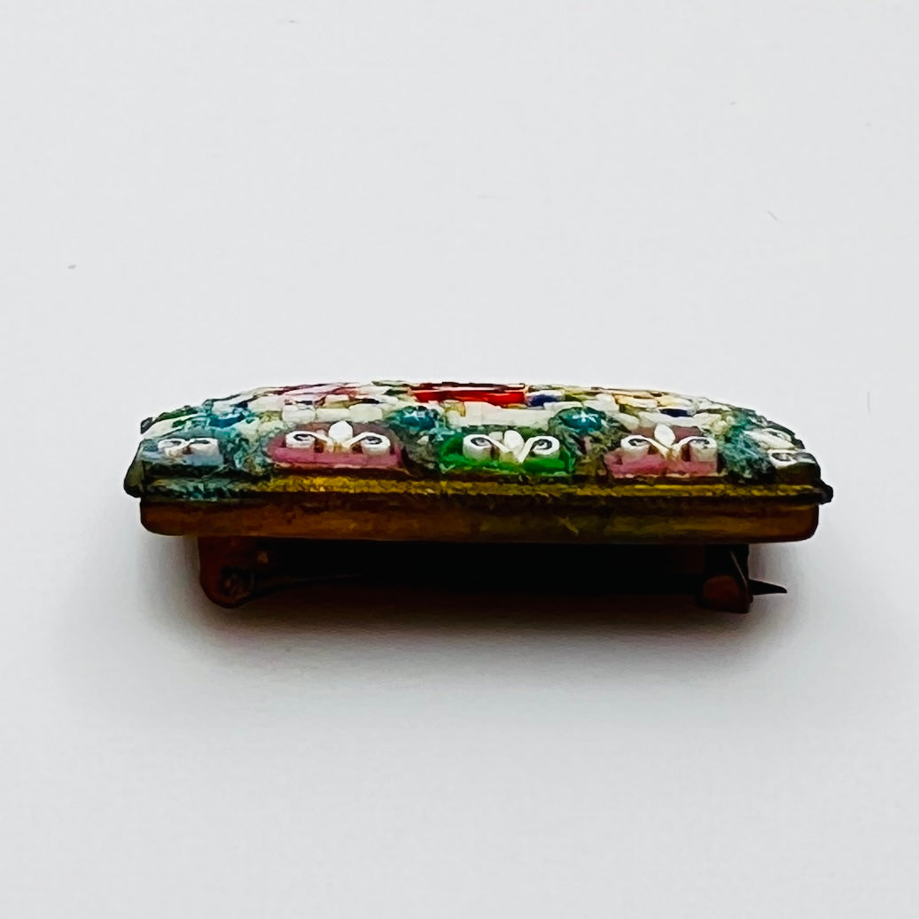 Italian micro mosaic brooch with floral rose design and colorful glass tile work