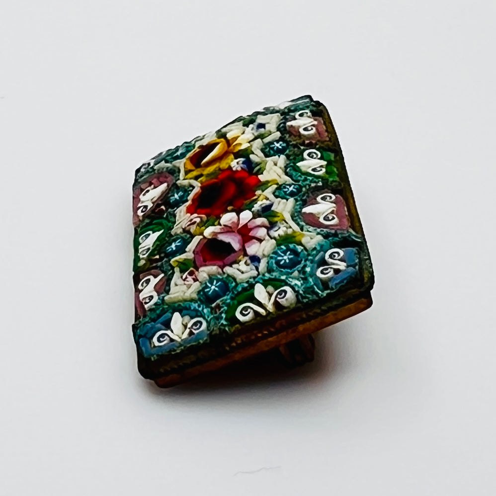 Italian micro mosaic brooch with floral rose design and colorful glass tile work