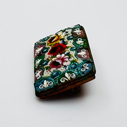 Italian micro mosaic brooch with floral rose design and colorful glass tile work