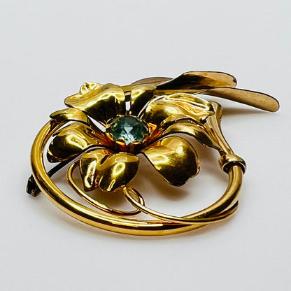 1940s gold-filled flower pin with dimensional petals and curled leaves