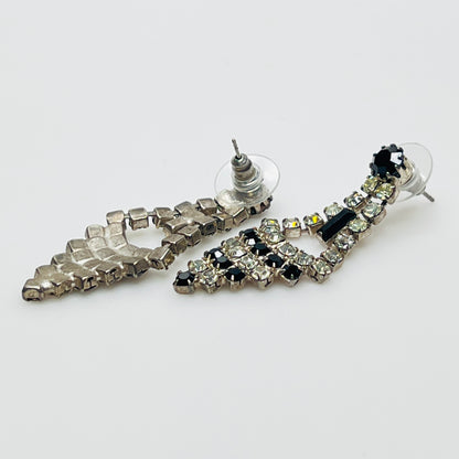 Art Deco-style earrings with black and clear rhinestones in a long silver-tone design