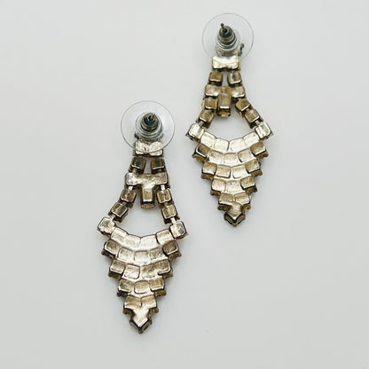 Art Deco-style earrings with black and clear rhinestones in a long silver-tone design