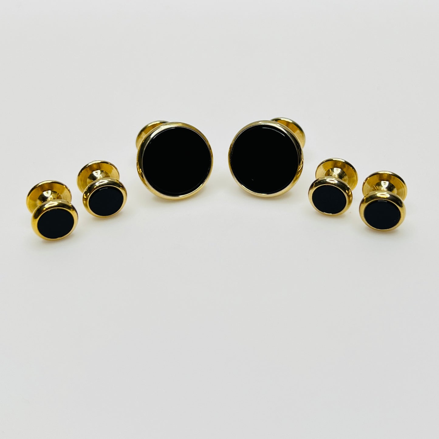 Gold-tone vintage tuxedo set with black glass cufflinks and shirt studs, formalwear set