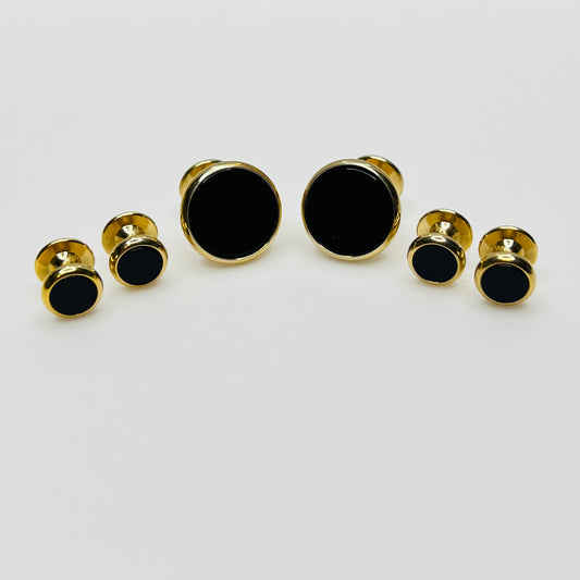 Gold-tone vintage tuxedo set with black glass cufflinks and shirt studs, formalwear set