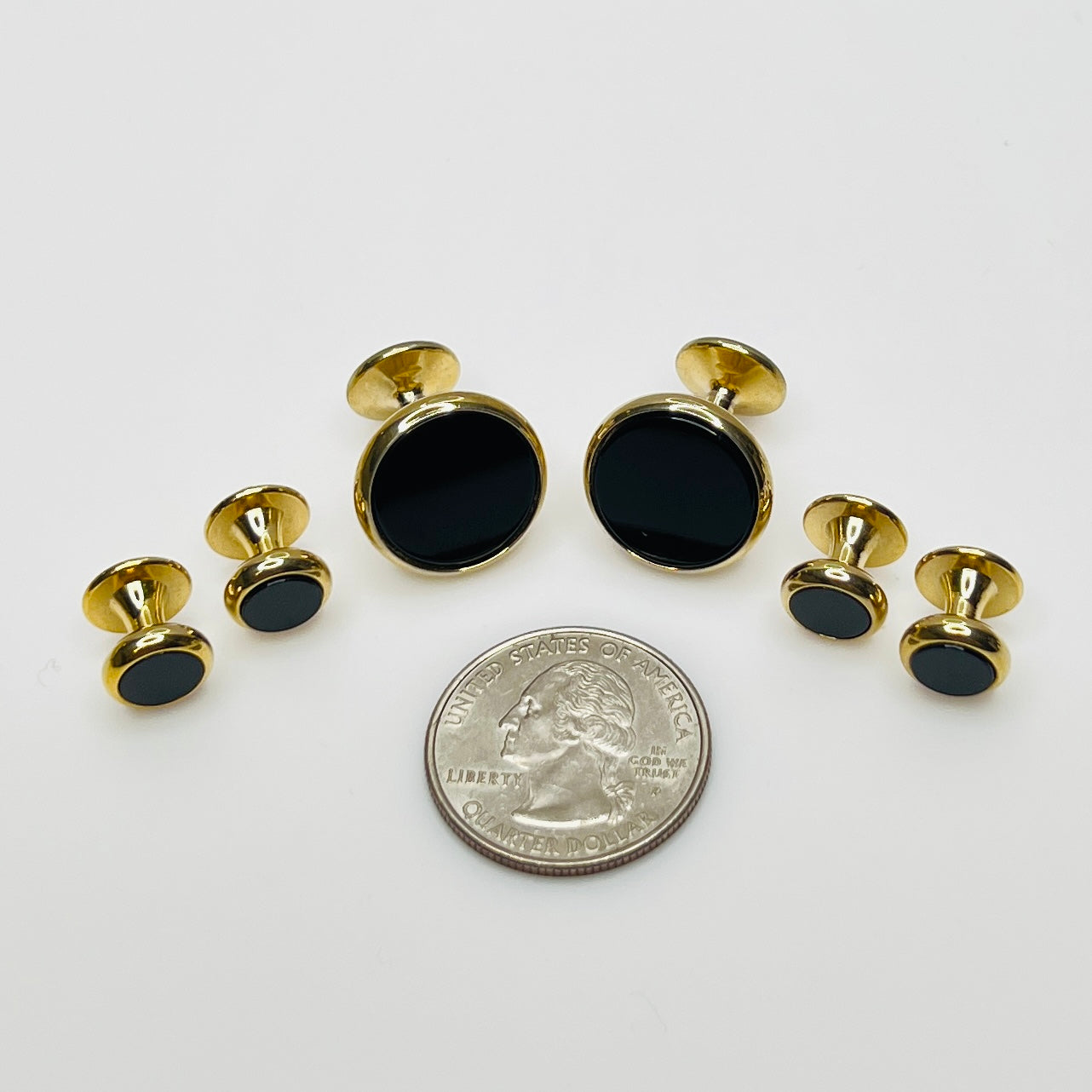 Gold-tone vintage tuxedo set with black glass cufflinks and shirt studs, formalwear set