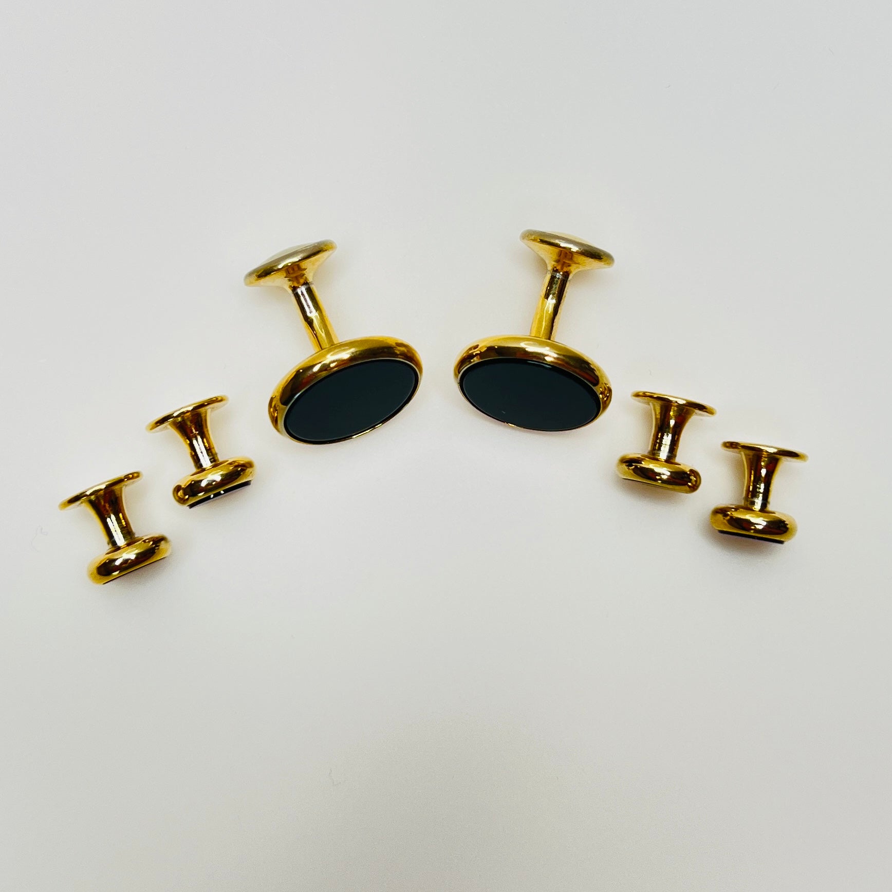 Gold-tone vintage tuxedo set with black glass cufflinks and shirt studs, formalwear set