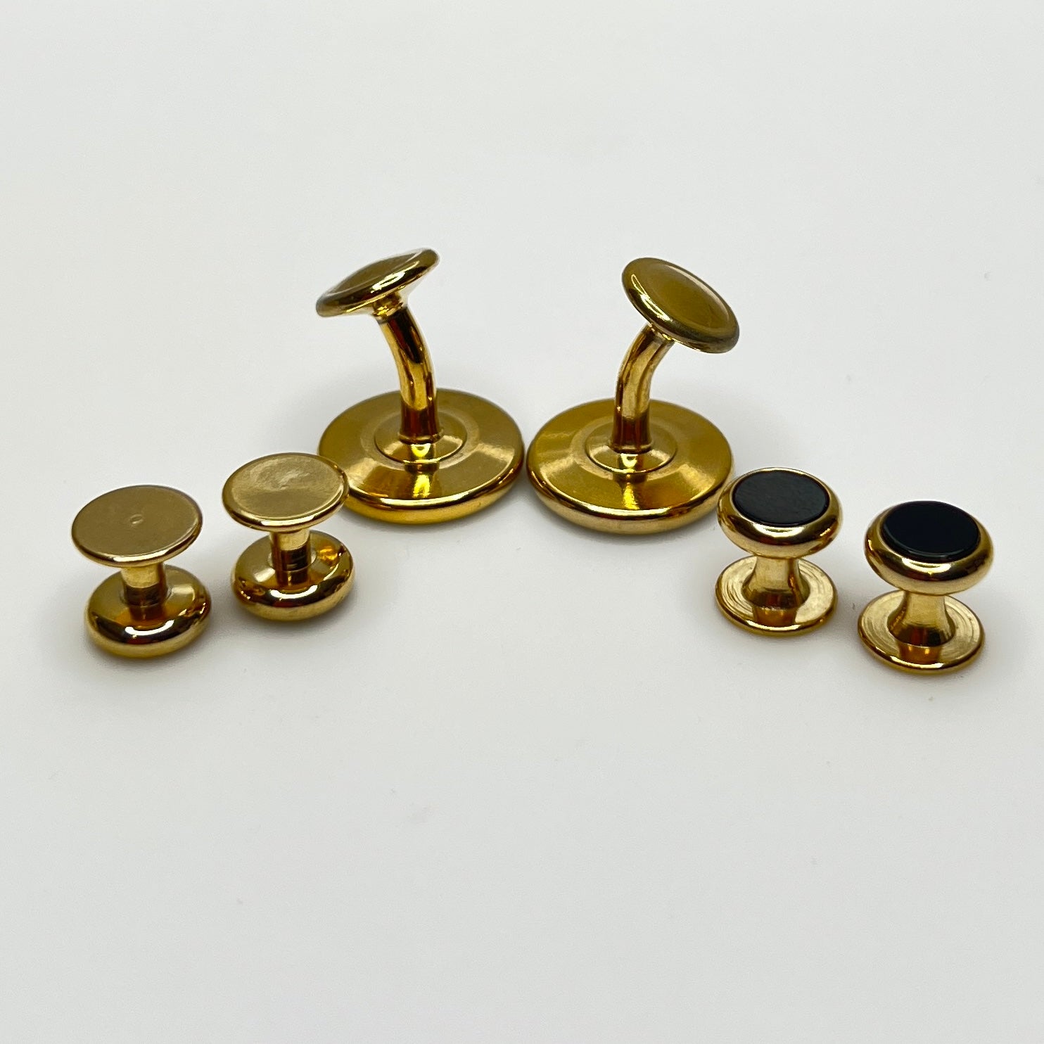 Gold-tone vintage tuxedo set with black glass cufflinks and shirt studs, formalwear set