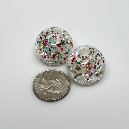 Vintage lucite confetti dome clip-on earrings with rainbow glitter