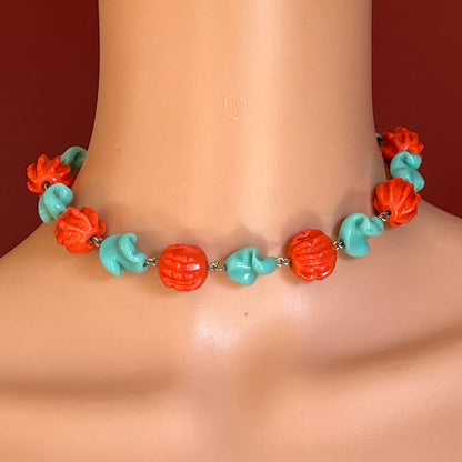 Mid-century glass bead necklace in coral red and aqua blue