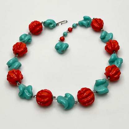Twisted aqua and carved coral beads in retro choker necklace