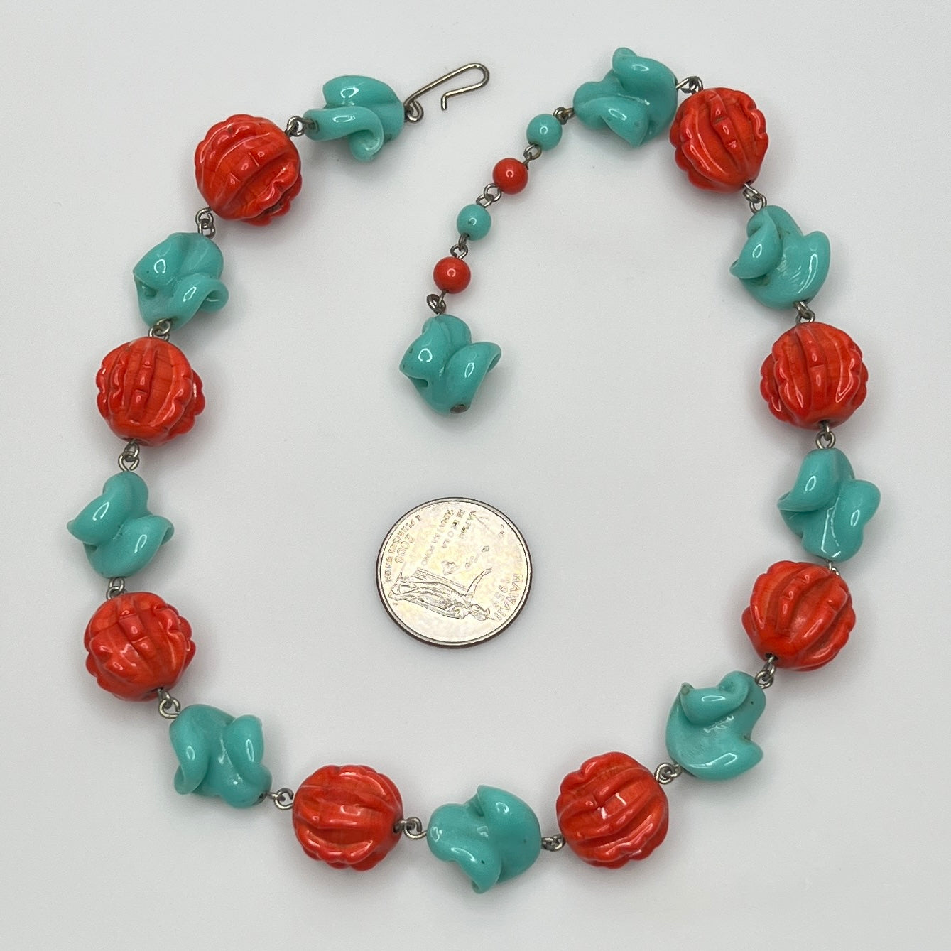 Twisted aqua and carved coral beads in retro choker necklace