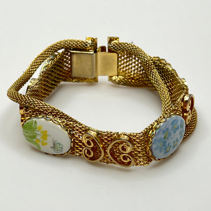 Vintage gold mesh bracelet with four floral cabochons