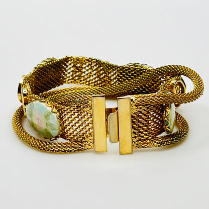 Vintage gold mesh bracelet with four floral cabochons