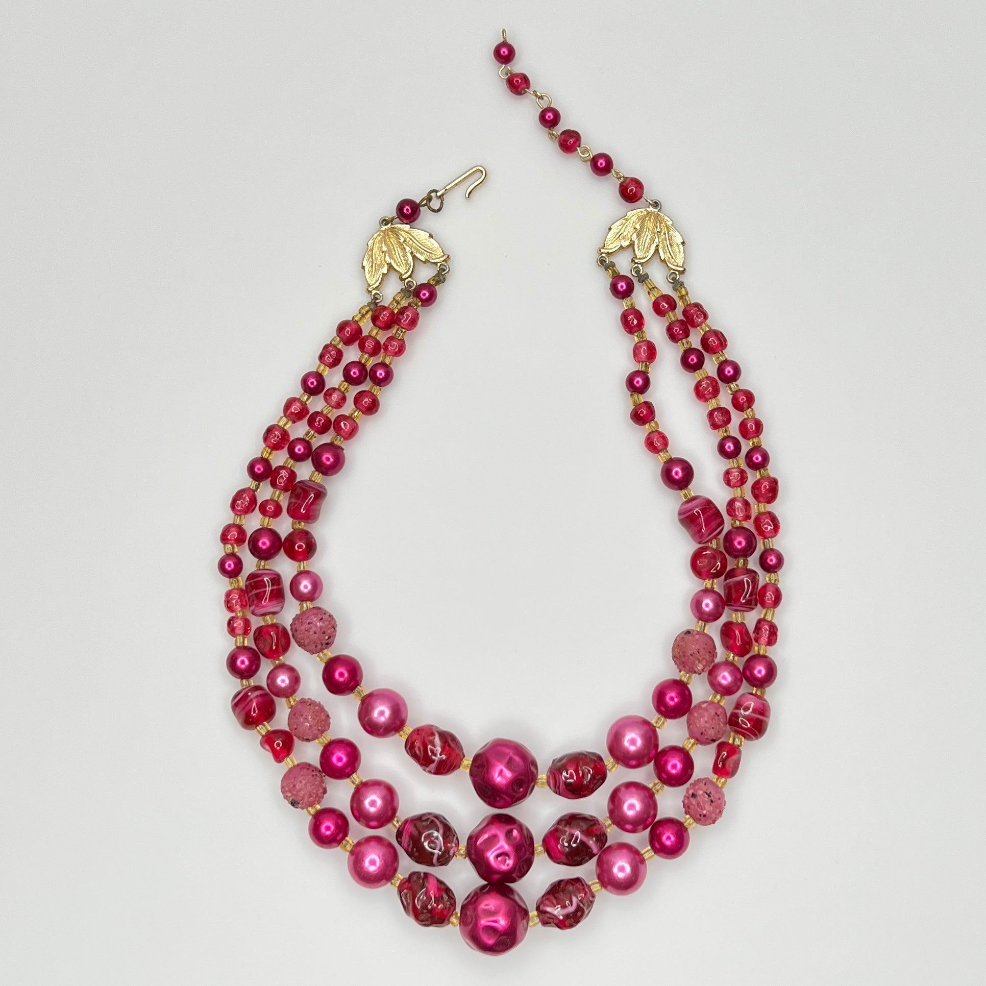 1950s Japanese necklace with bold pink beads and graduated layered design