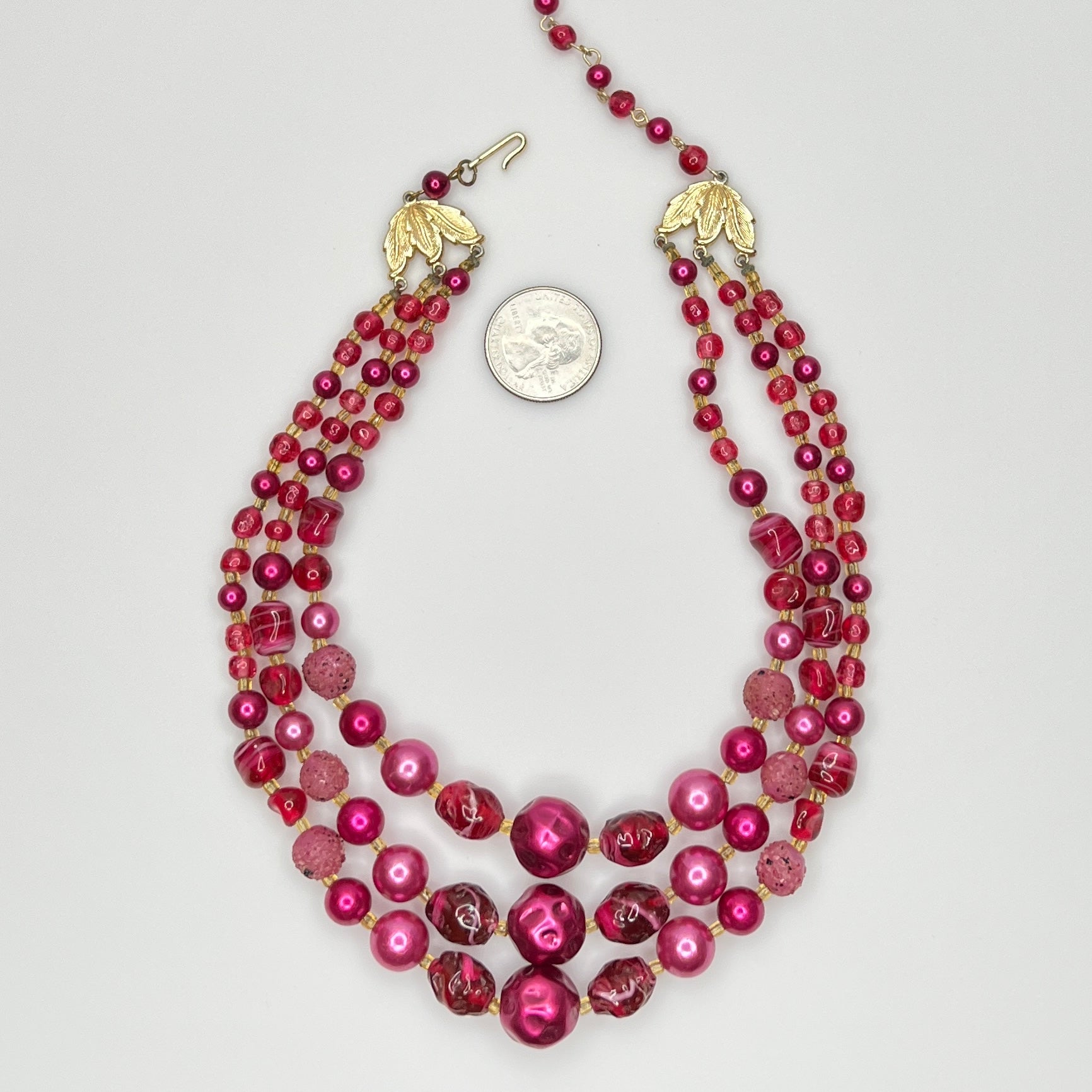 1950s Japanese necklace with bold pink beads and graduated layered design