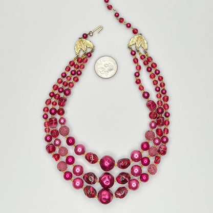 1950s Japanese necklace with bold pink beads and graduated layered design
