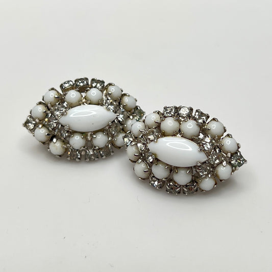 Mid-century milk glass and rhinestone clip-on earrings in marquise shape