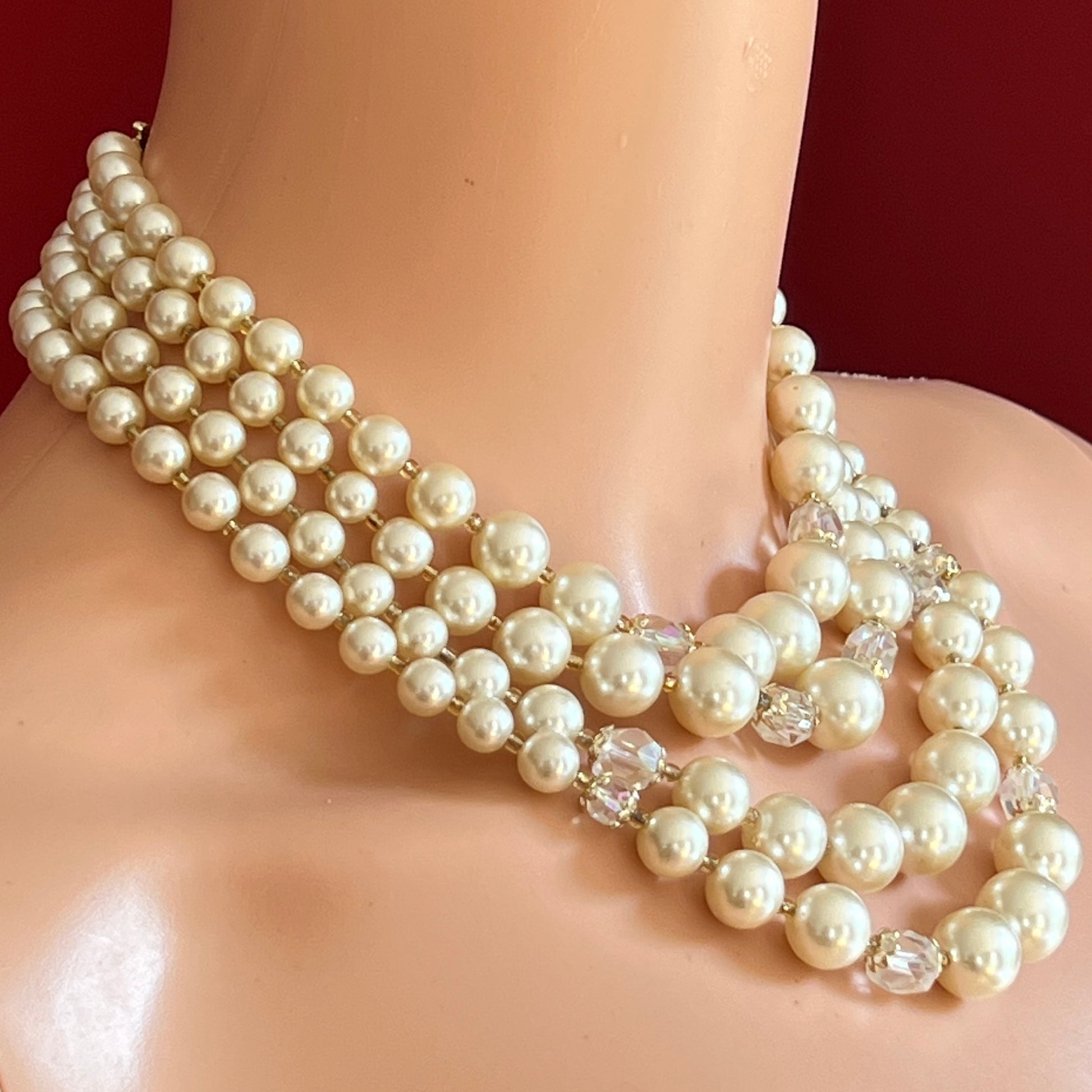 Multi-strand faux pearl choker with aurora borealis crystal beads, 1950s vintage style
