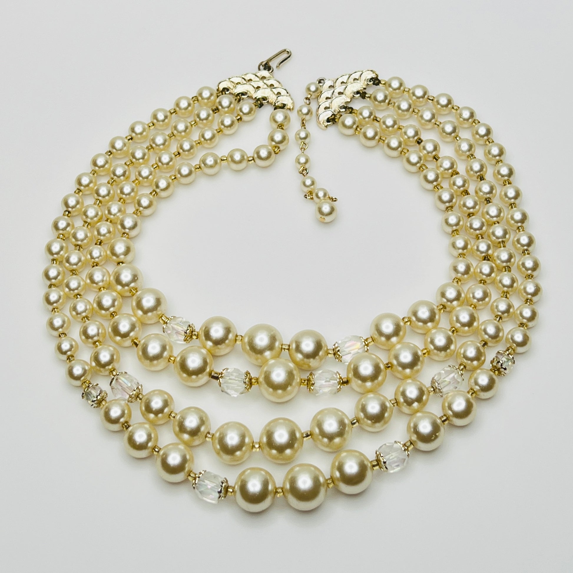 Multi-strand faux pearl choker with aurora borealis crystal beads, 1950s vintage style