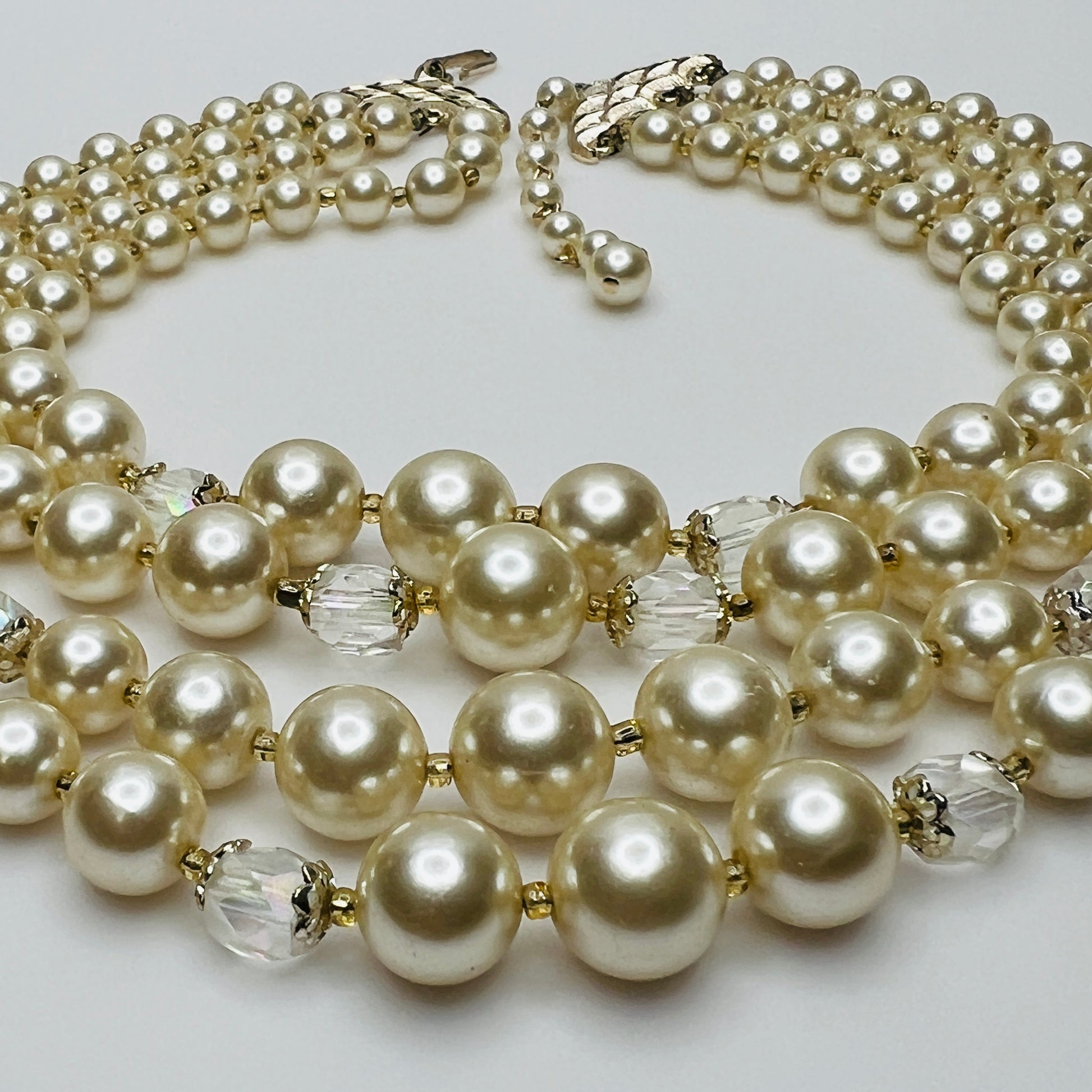Multi-strand faux pearl choker with aurora borealis crystal beads, 1950s vintage style