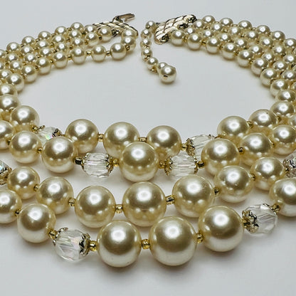 Multi-strand faux pearl choker with aurora borealis crystal beads, 1950s vintage style