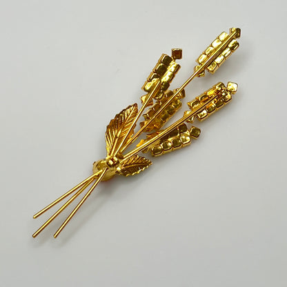 Rhinestone Brooch & Earrings Set – Mid Century – Cat Tail Design with Enamel Leaves