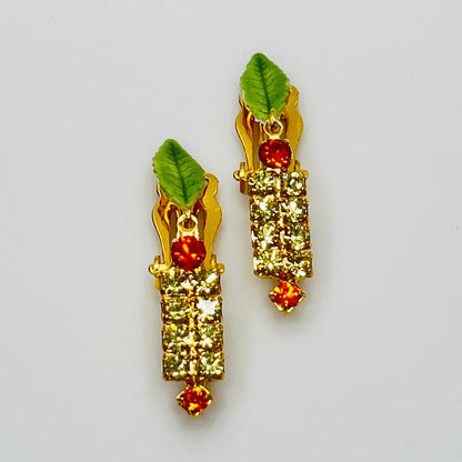 1950s rhinestone brooch and earring set with amber stones, enamel leaves, and cat tail motif.