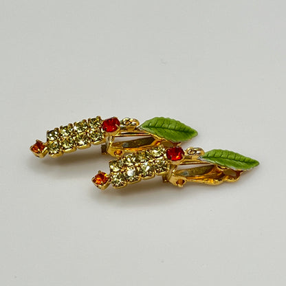 1950s rhinestone brooch and earring set with amber stones, enamel leaves, and cat tail motif.
