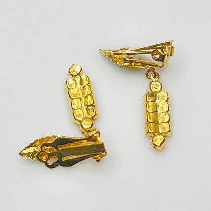 Rhinestone Brooch & Earrings Set – Mid Century – Cat Tail Design with Enamel Leaves