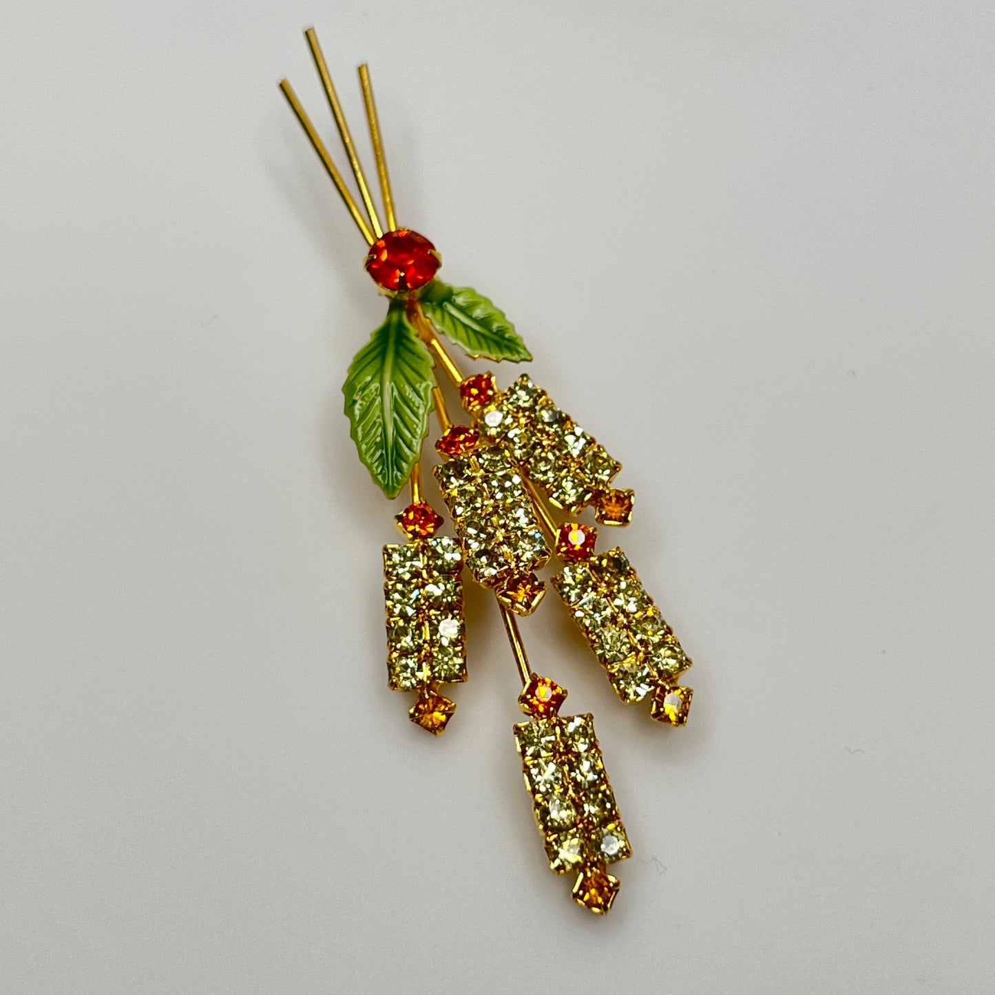 Rhinestone Brooch & Earrings Set – Mid Century – Cat Tail Design with Enamel Leaves