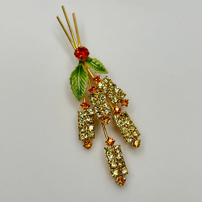 Rhinestone Brooch & Earrings Set – Mid Century – Cat Tail Design with Enamel Leaves