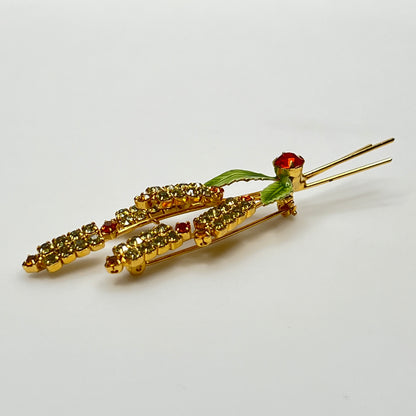Rhinestone Brooch & Earrings Set – Mid Century – Cat Tail Design with Enamel Leaves