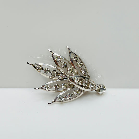 Silver-tone rhinestone leaf brooch with openwork design